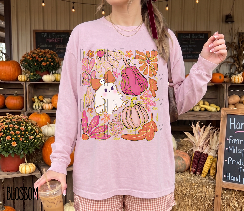 Comfort Colors Pink Ghost Pumpkin Long Sleeve Shirt
