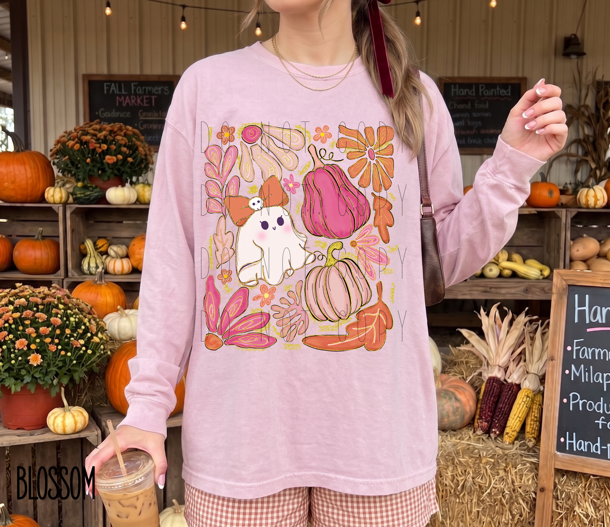 Comfort Colors Pink Ghost Pumpkin Long Sleeve Shirt
