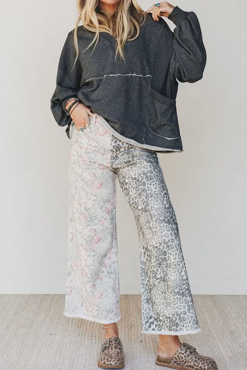 Two Tone Leopard Floral Denim Jeans