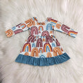 Fall Rainbows Long Sleeve Blue Ruffle Dress