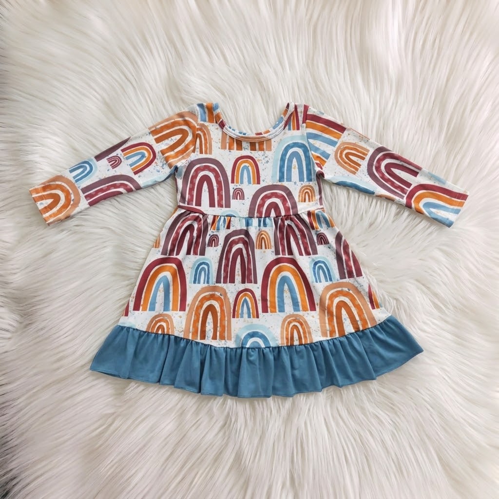 Fall Rainbows Long Sleeve Blue Ruffle Dress