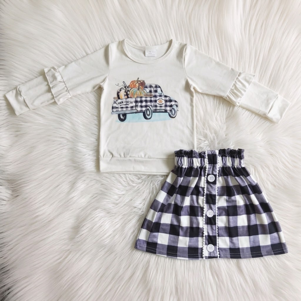 Farm Fresh Buffalo Plaid Truck White Top W/ Button Down Skirt