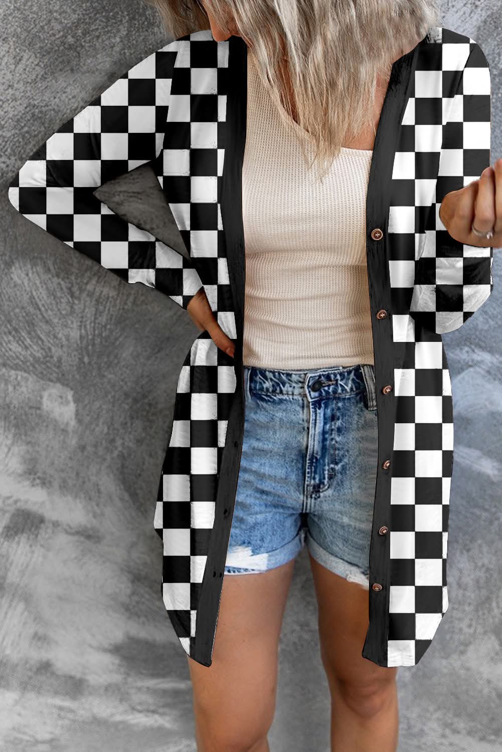 Women's Checkered Mid-Length Knit Cardigan {6 Options}