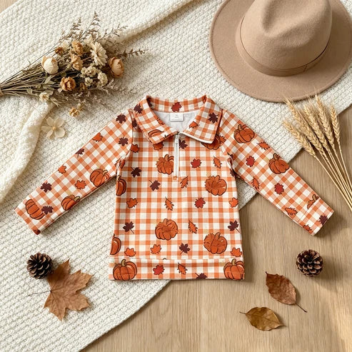 Long Sleeve Leaves Pumpkin Checked Fall Quarter Zip Jacket