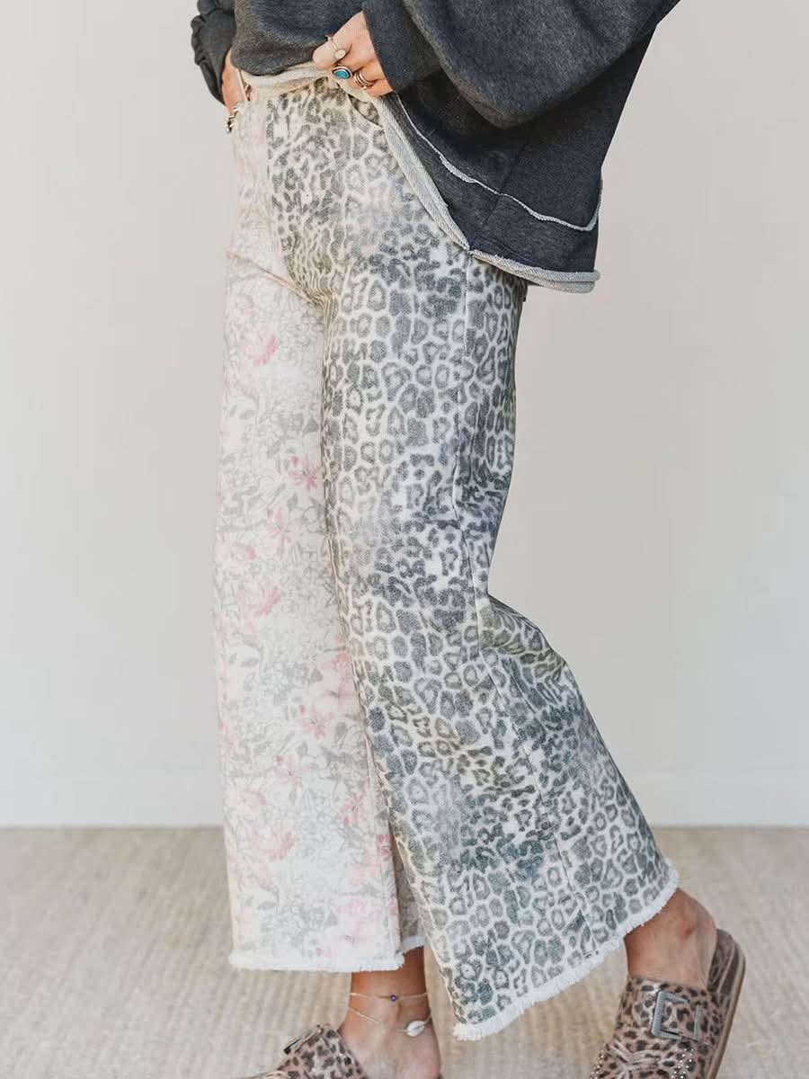 Two Tone Leopard Floral Denim Jeans