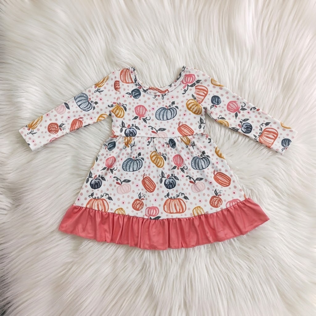 WS Fall Polka Dot Pumpkin Long Sleeve Rose Ruffle Dress