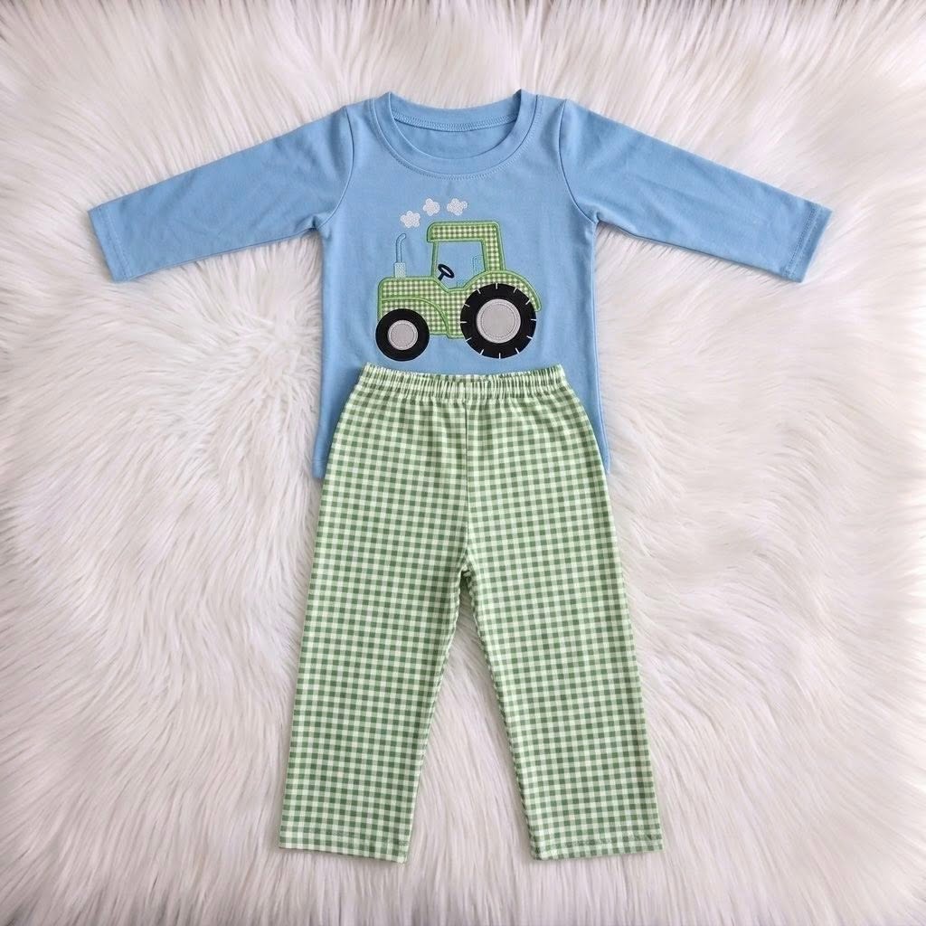 Green Gingham Tractor Blue Top W/ Pants
