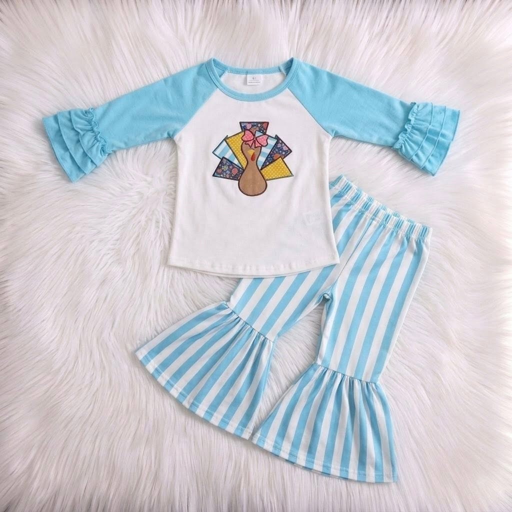 Blue Raglan Turkey Top W/ Striped Bells