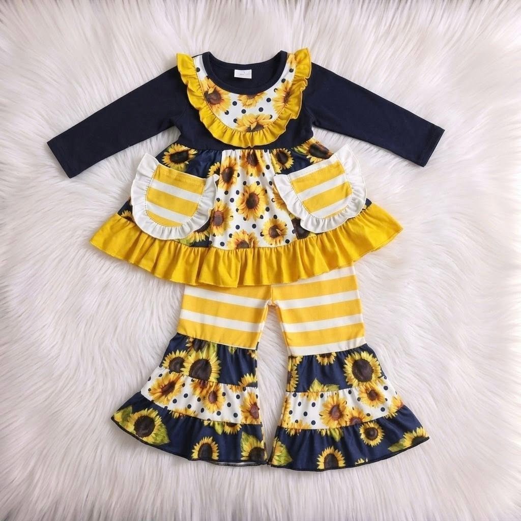 Navy Sunflower Polka Dot Top W/ Flares