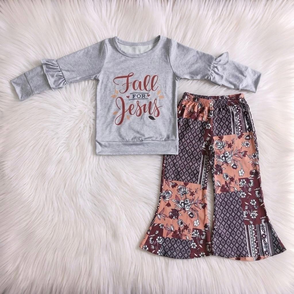 WS Fall For Jesus Grey Long Sleeve Top W/ Patchwork Floral Flares