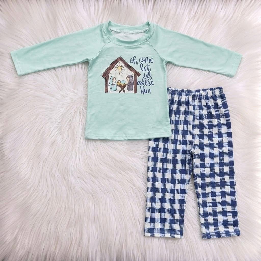 WS Oh Come Let Us Adore Him Mint Top W/ Gingham Pants