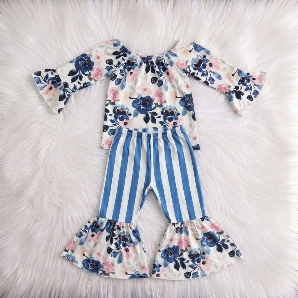 Blue Floral Top W/ Striped Floral Bottom Bells