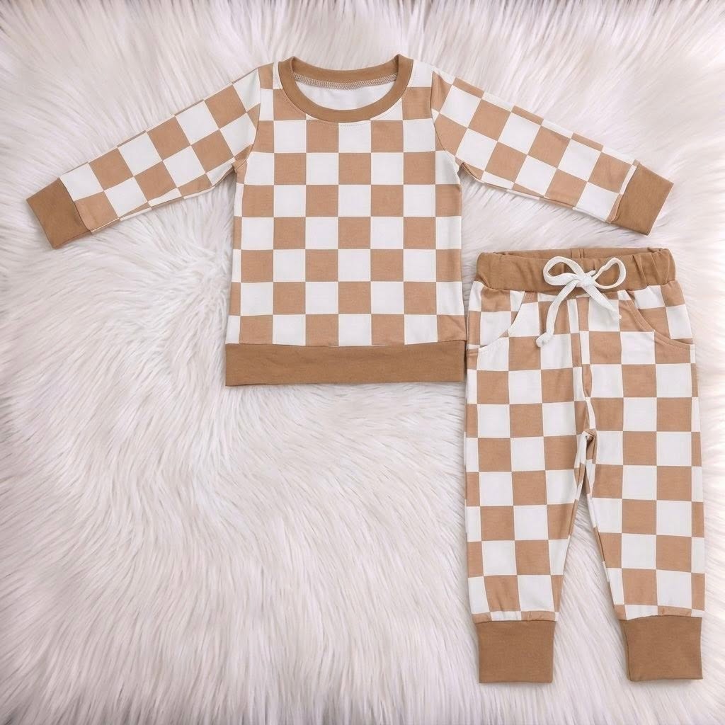 WS Tan Checkered 2PC Lounge Set