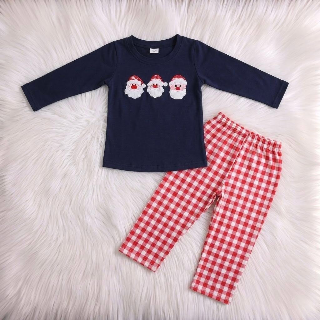 Navy Santa Top W/ Gingham Pants