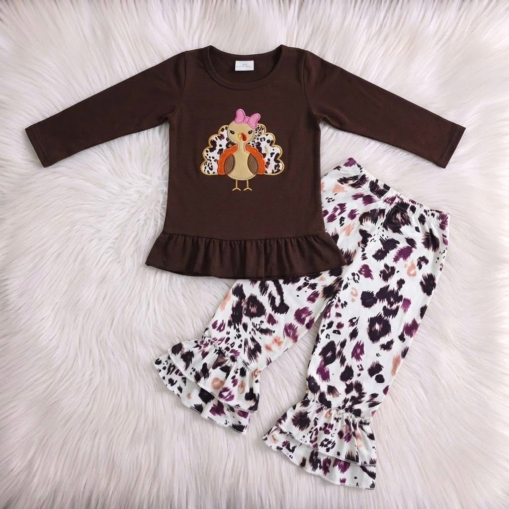 Leopard Girly Turkey Brown Top W/ Leopard Ruffle Leggings