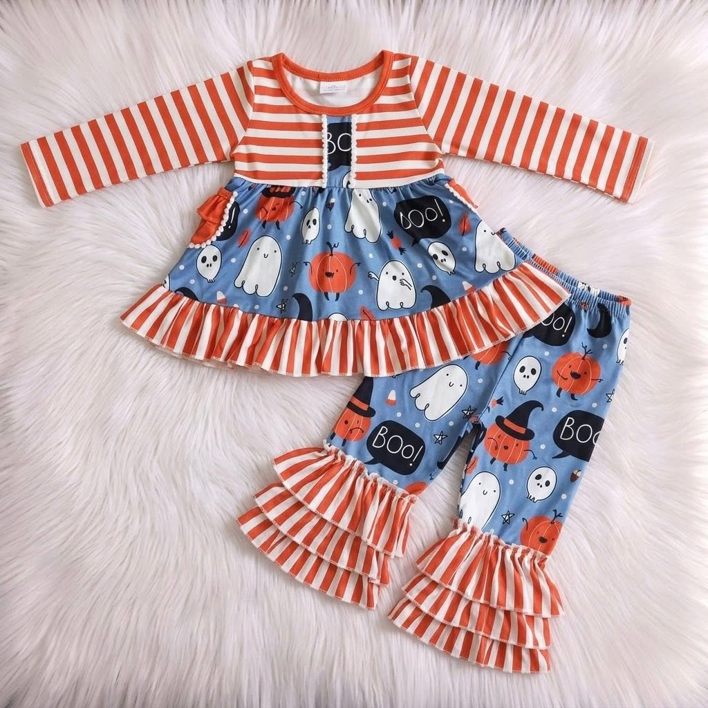 WS Orange Striped Boo Ghost Pumpkin Top W/ Ruffle Pants
