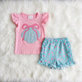 WS Embroidered Blue Seashell Pink Top W/ Blue Shorts