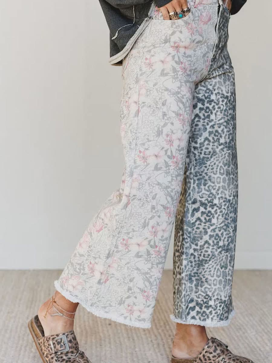 Two Tone Leopard Floral Denim Jeans
