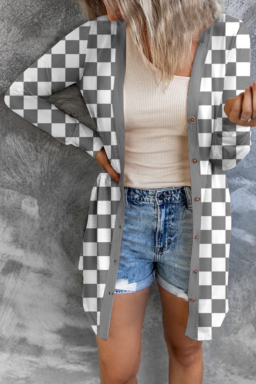 Women's Checkered Mid-Length Knit Cardigan {6 Options}