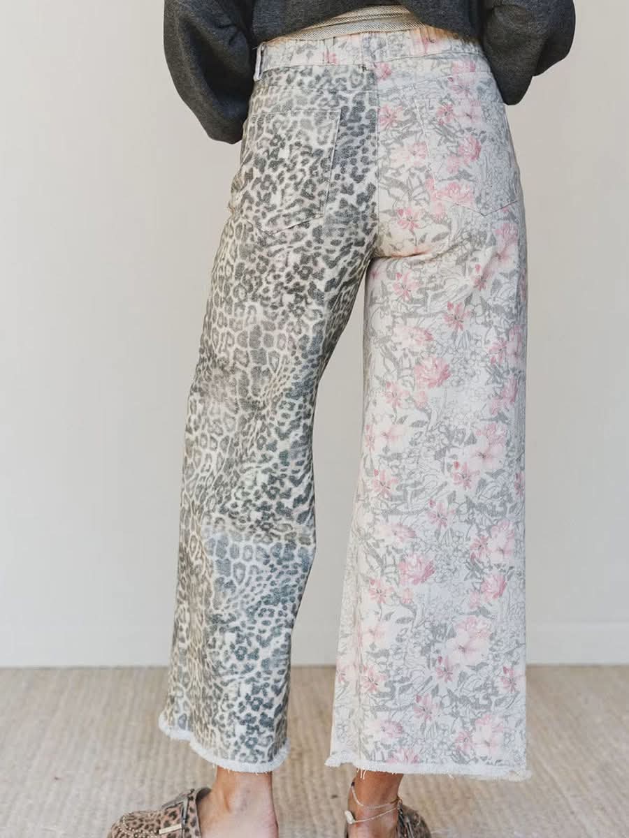 Two Tone Leopard Floral Denim Jeans