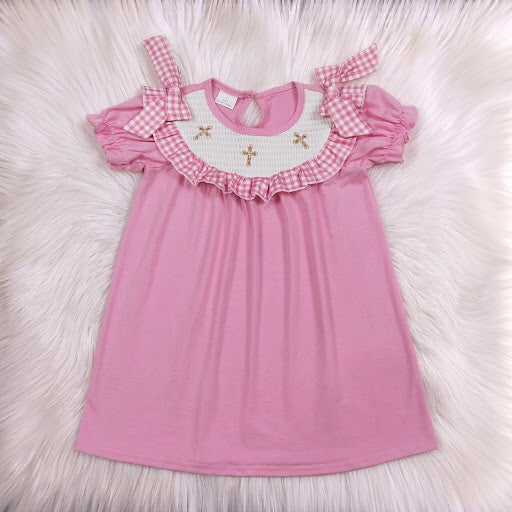 Pink Smock Cross Gingham Bow Dress
