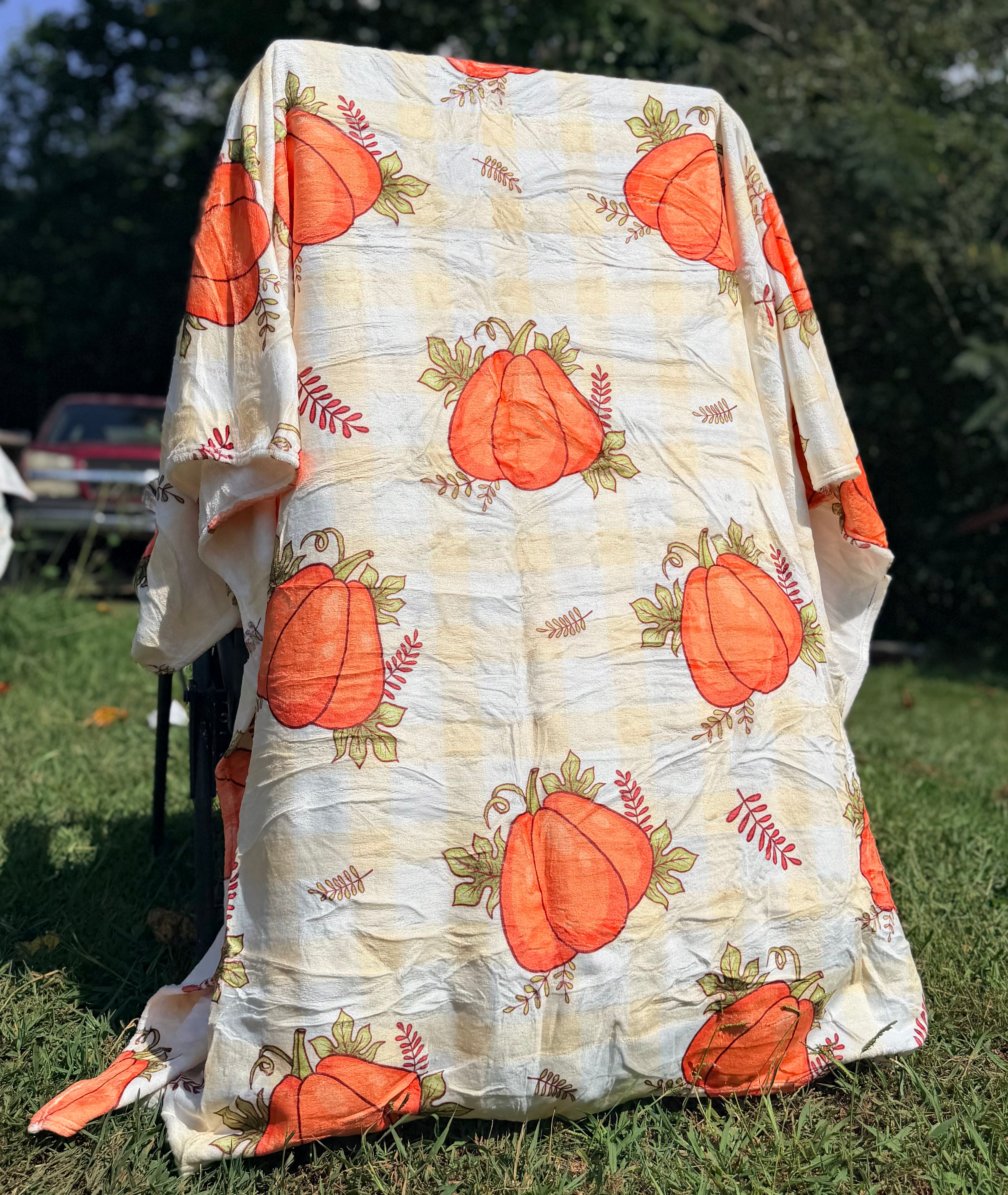 Fall Pumpkin Gingham Fleece Blanket