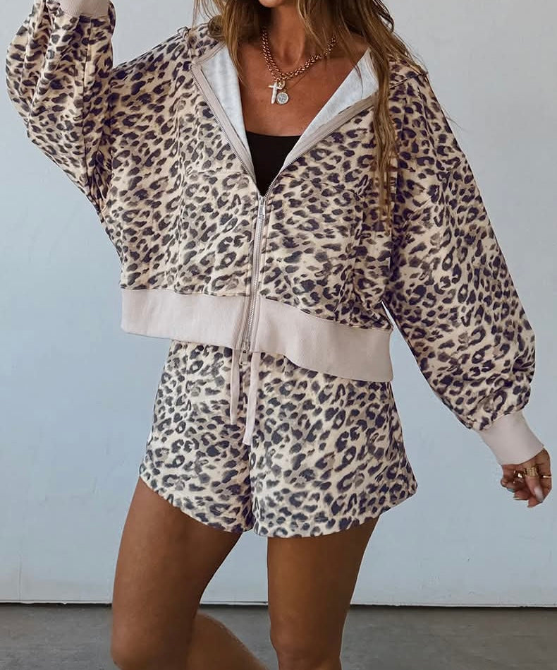 Women's Leopard Zip Up Jacket W/ Shorts