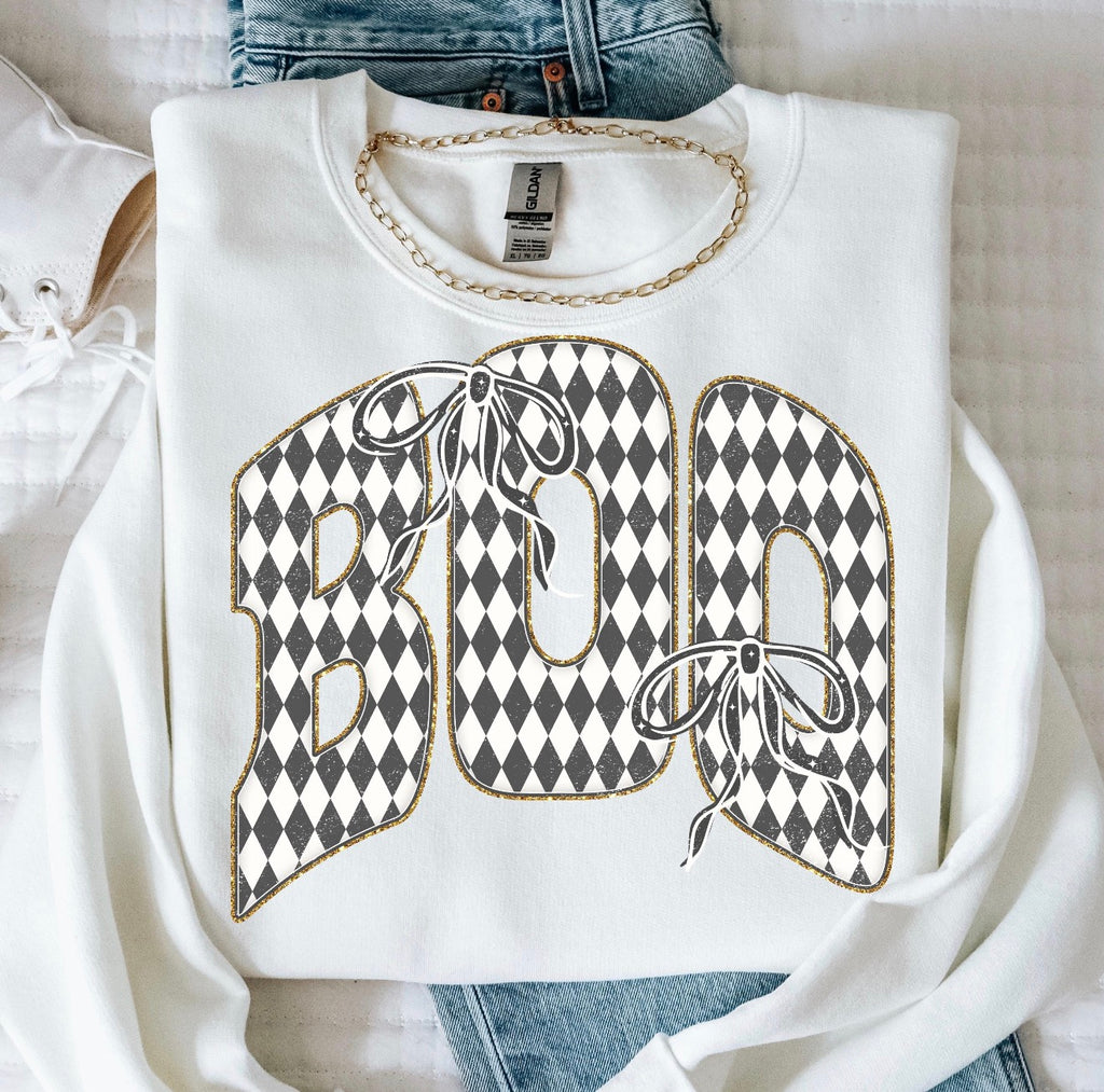 Gildan Checkered BOO Bow Tee + Crewneck