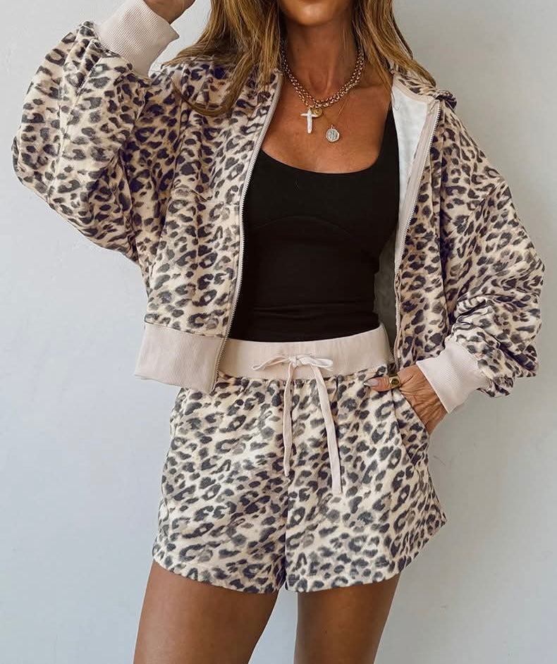 Women's Leopard Zip Up Jacket W/ Shorts