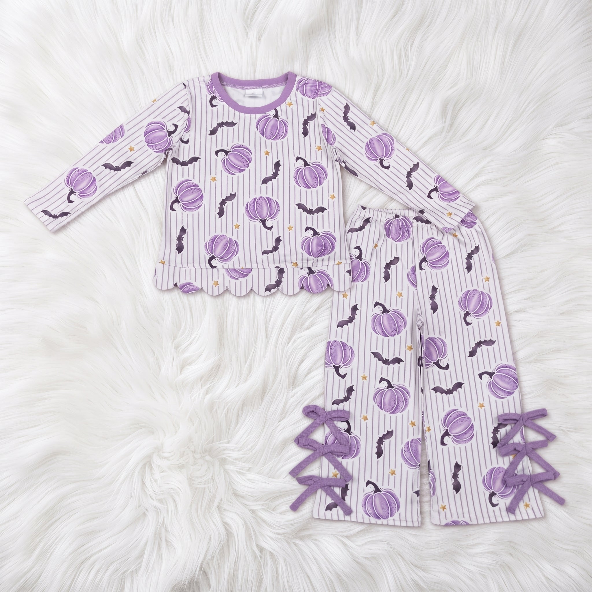 Pumpkin Bat Purple Pin Striped Scalloped Top W/ Bow Pants