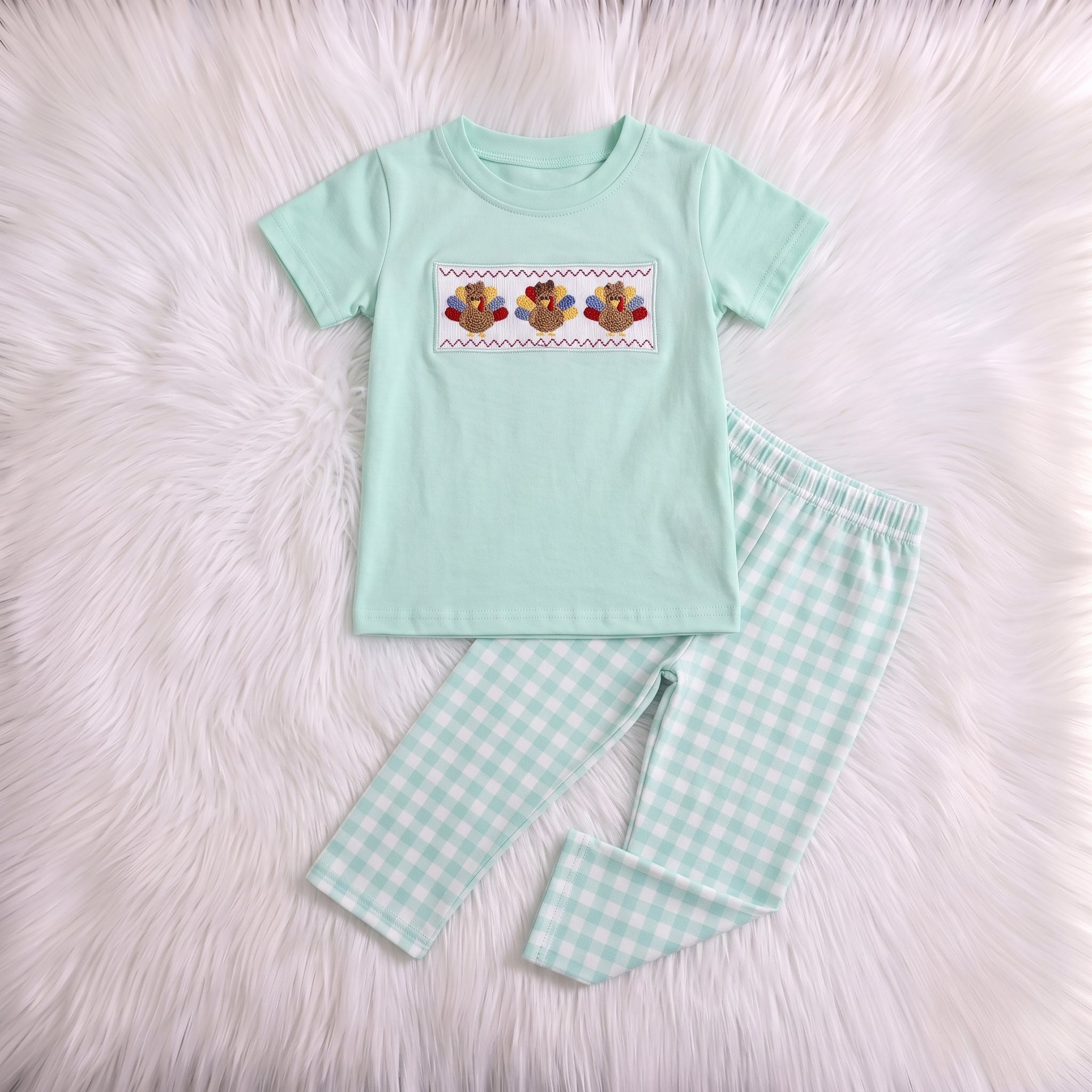 WS Mint Green Smock Turkey Top W/ Gingham Pants