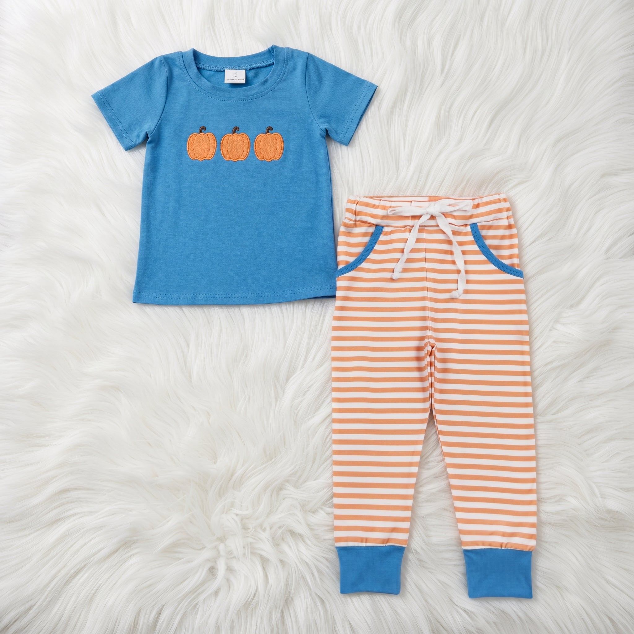 Embroidered Pumpkins Blue Top W/ Orange Striped Pants