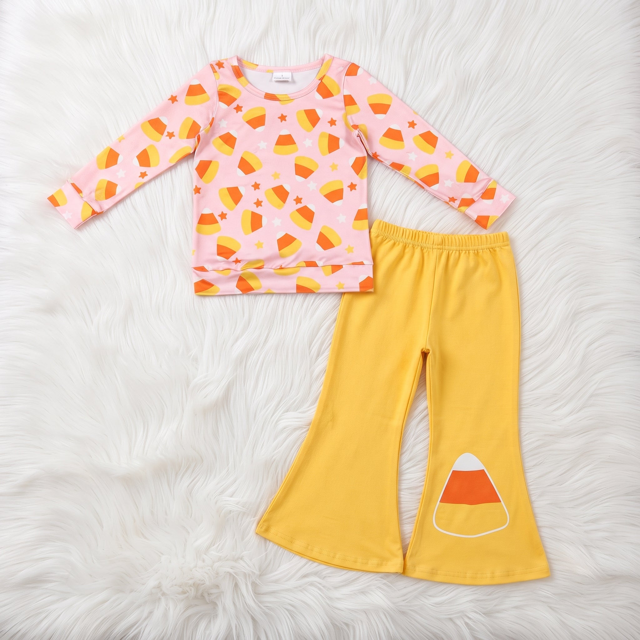 Pink Print Yellow Candy Corn Top W/ Flares