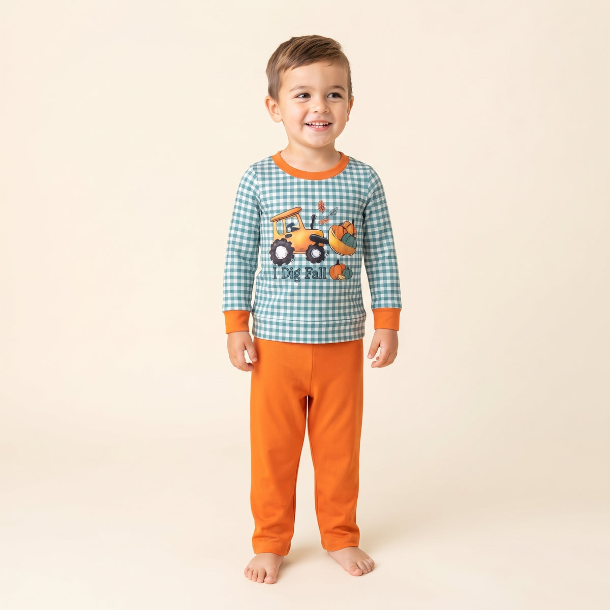 I Dig Fall Gingham Tractor Top W/ Orange Pants