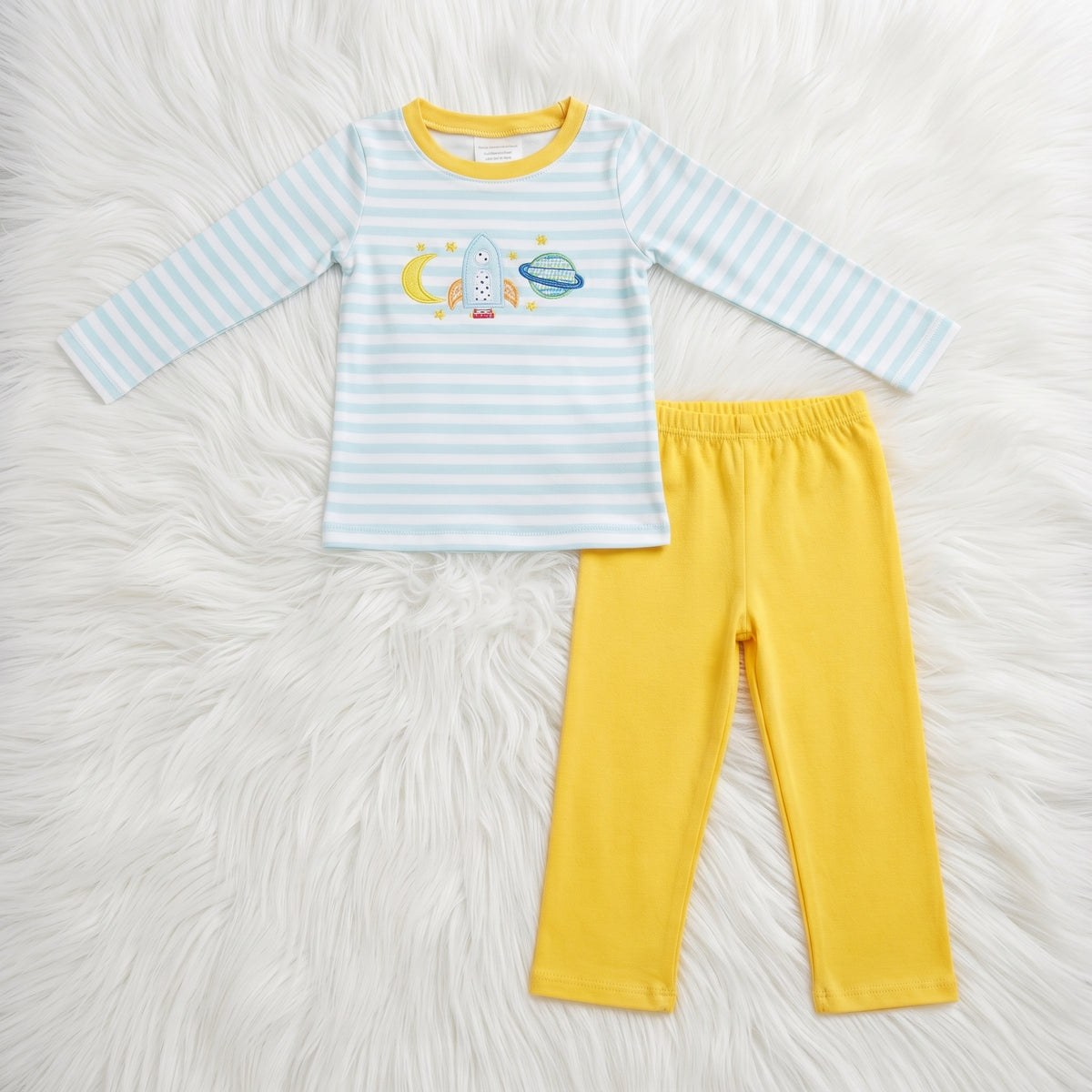 Embroidered Moon Rocket Blue Striped Top W/ Yellow Pants