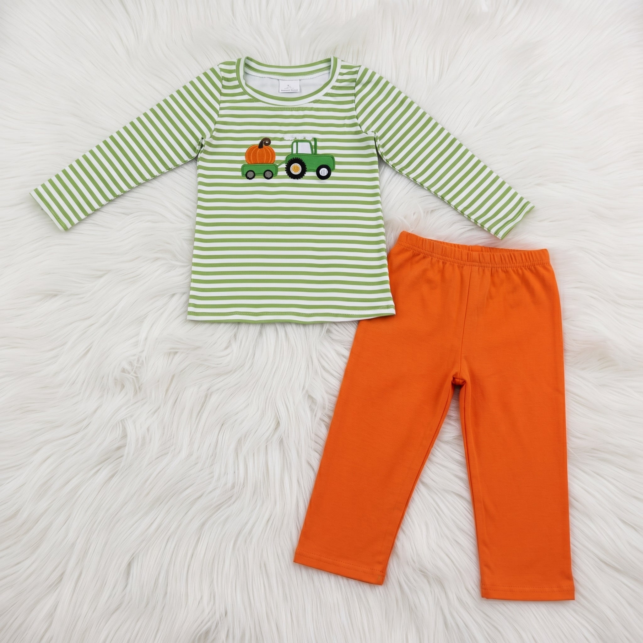 Green Striped Embroidered Pumpkin Truck Top W/ Orange Pants