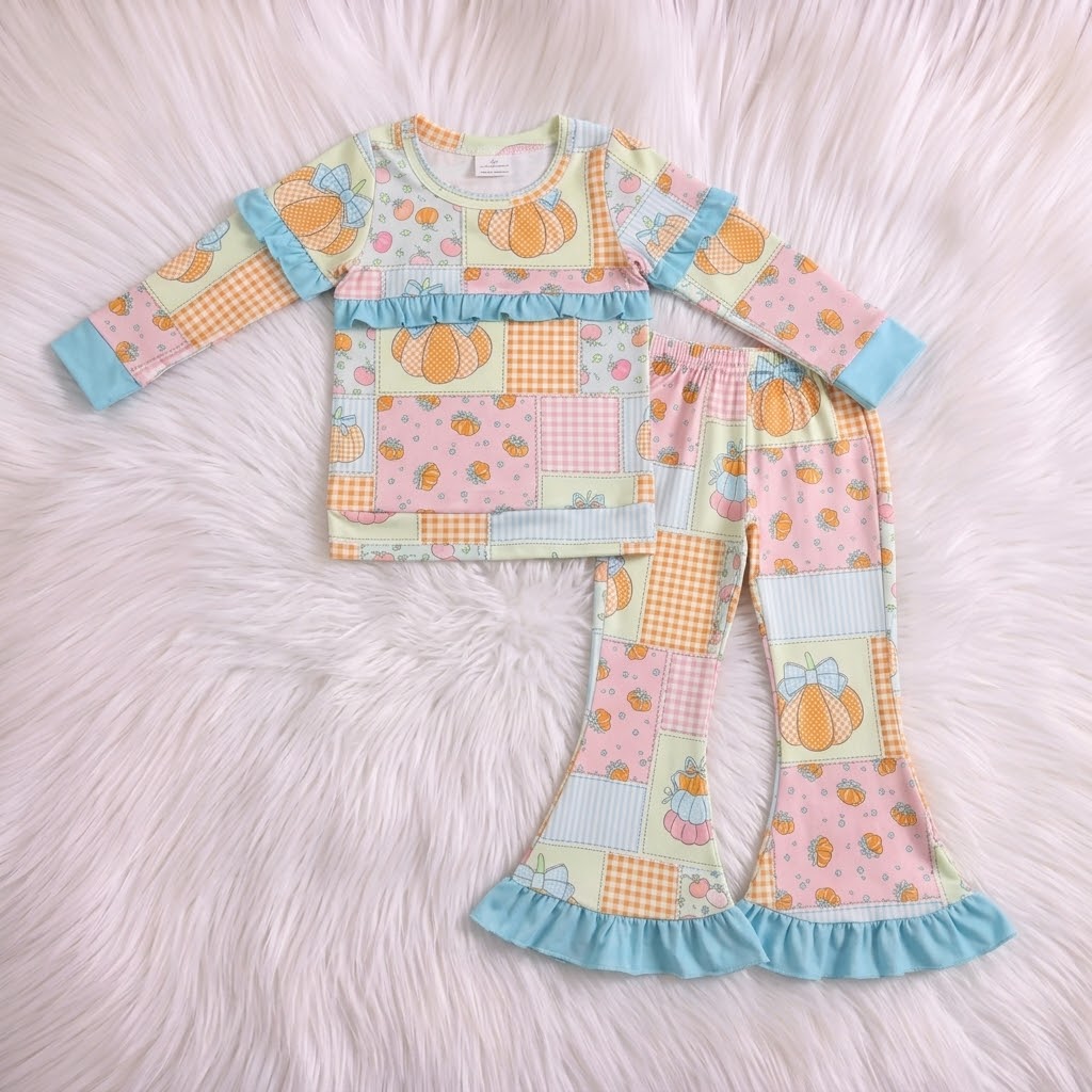 Blue Ruffle Trim Quilted Patch Flares 2PC Set