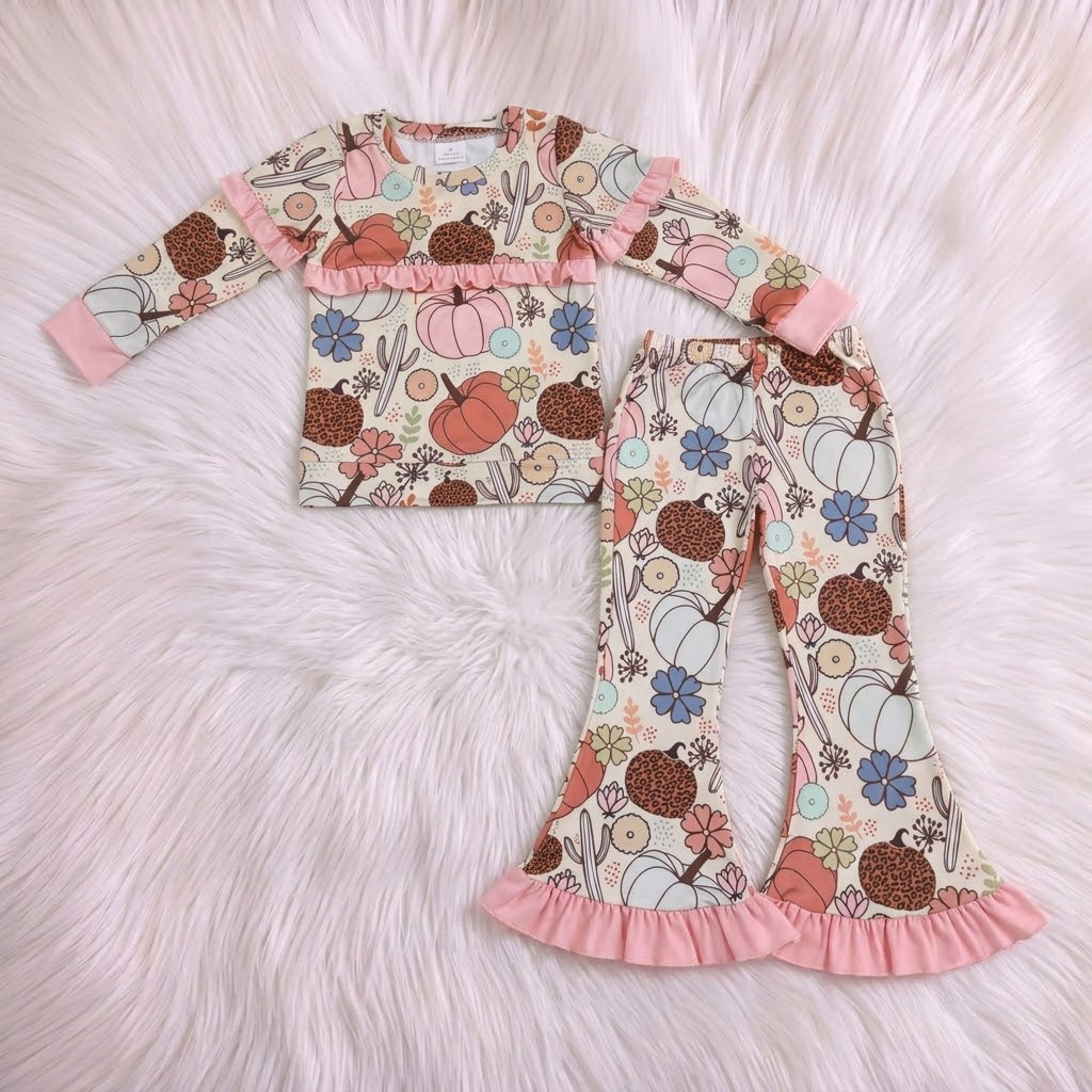 Pink Ruffle Trim Cactus Pumpkin Flares 2PC Set