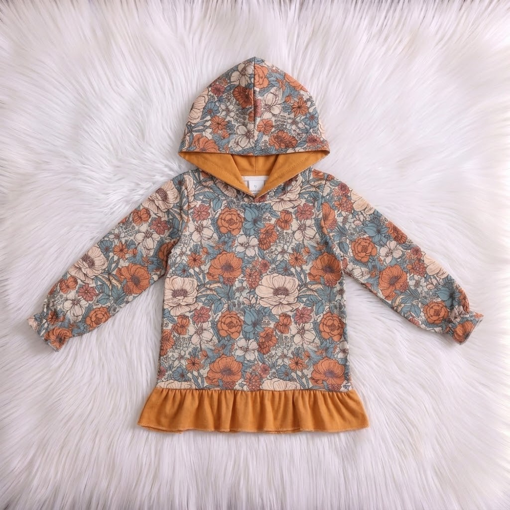Fall Floral Rustic Orange Ruffle Hooded Top