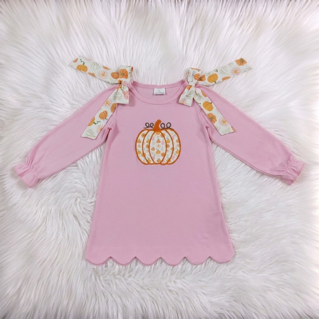 Embroidered Pumpkin Pink Scalloped Dress