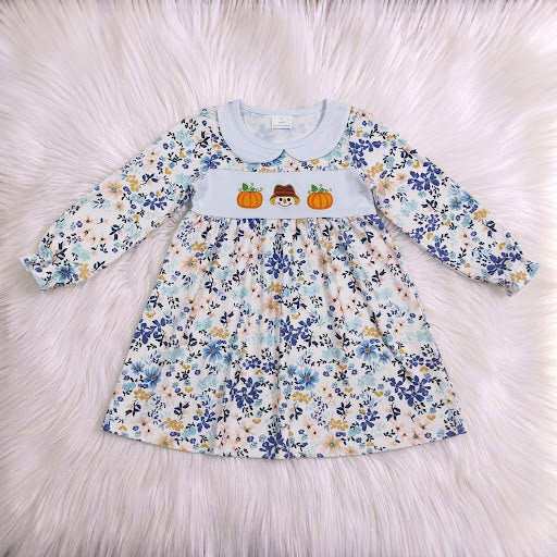 Blue Floral Pumpkin Scarecrow Embroidered Dress