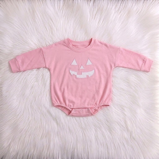 Embroidered Pumpkin Face Pink Bubble
