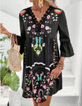 Women's Colorful Boho Floral Black V Neck Dress