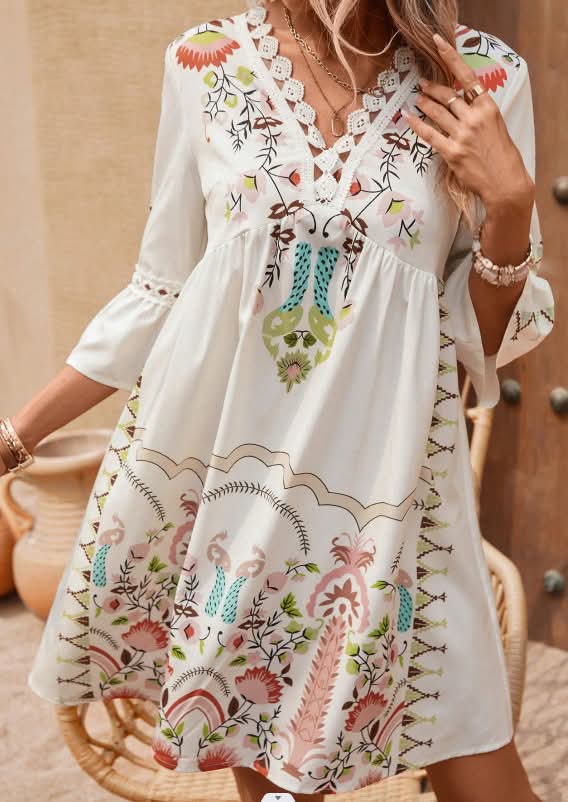 WS Women's Colorful Boho Floral Beige V Neck Dress