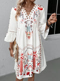 WS Women's Colorful Boho Floral White Orange V Neck Dress