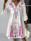 Women's Colorful Boho Floral White + Pink V Neck Dress