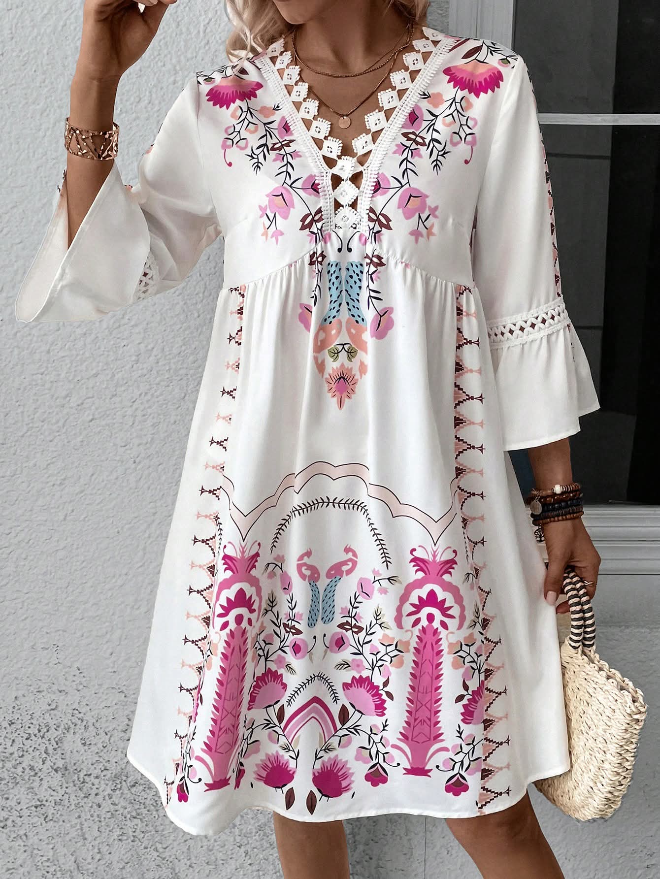 Women's Colorful Boho Floral White + Pink V Neck Dress