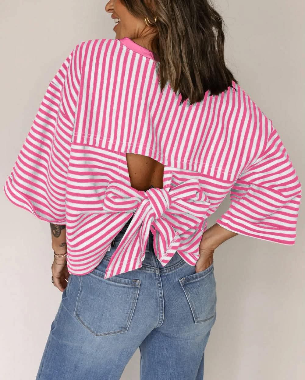 Women's Striped Tie Back Short Sleeve Top