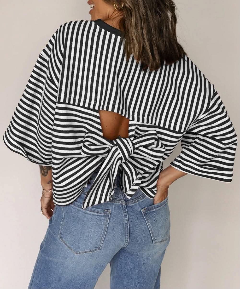 Women's Striped Tie Back Short Sleeve Top