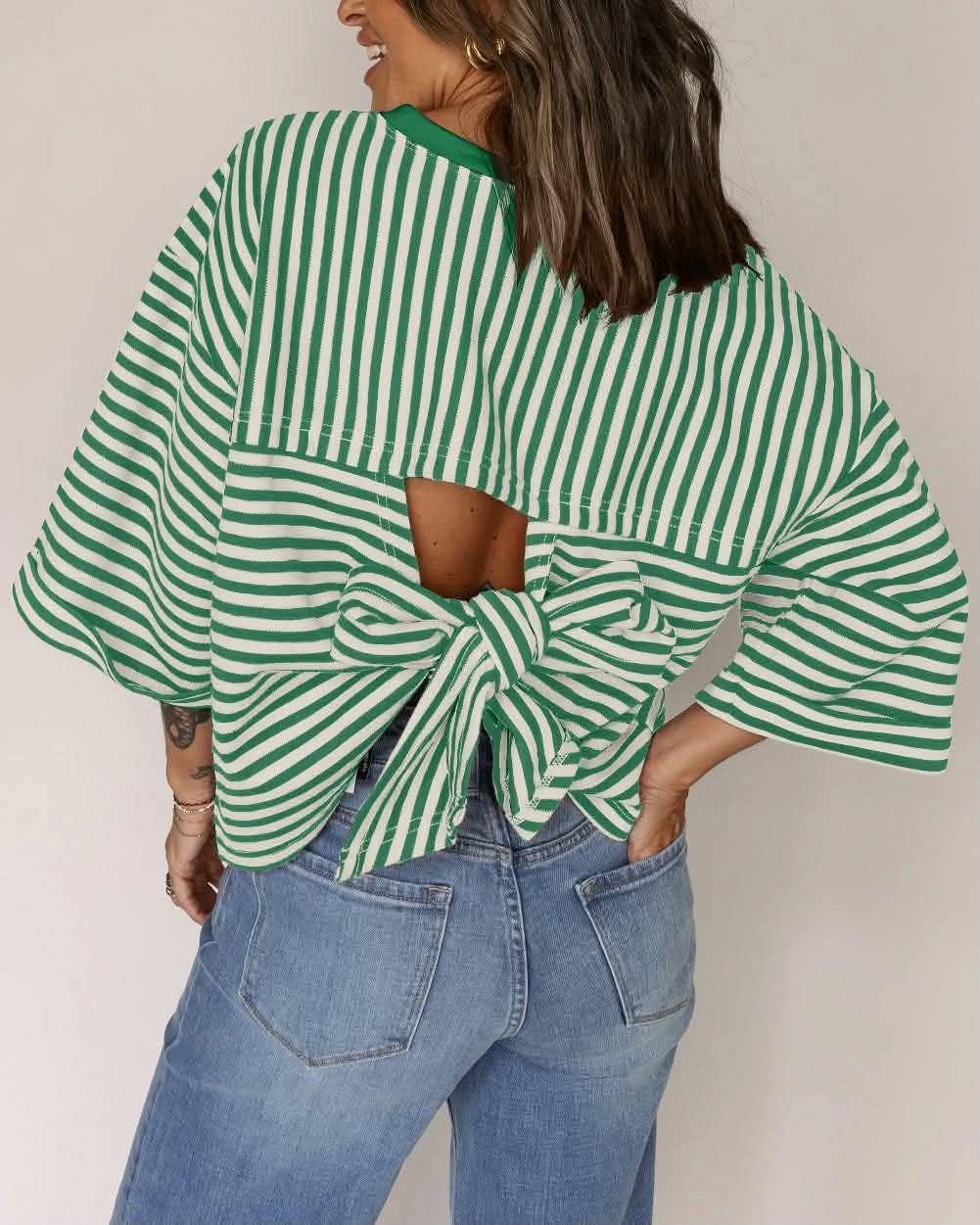 Women's Striped Tie Back Short Sleeve Top